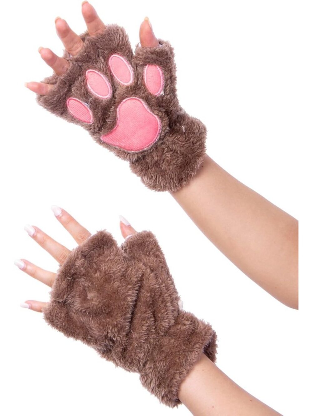 Women's Brown Cat Paws Novelty Faux Fur Bear Paw Fingerless Mittens Gloves